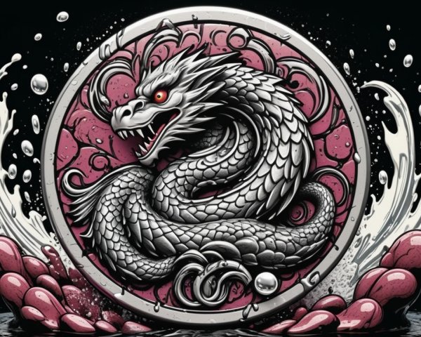 Fierce dragon coiled in circular frame with water design