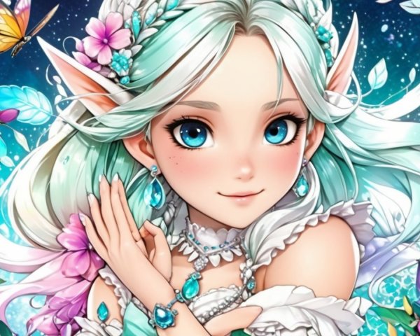 Fantasy Elf with Turquoise Hair and Floral Dress
