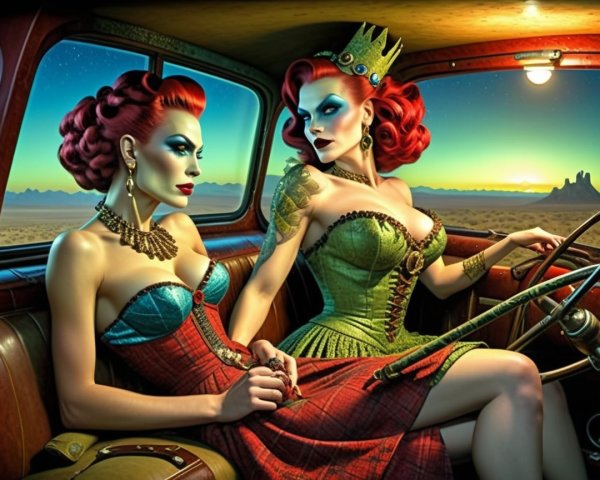 Glamorous Women in Vintage Car Against Desert Sunset