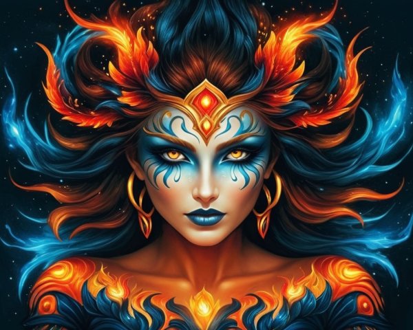 Striking Female Figure with Vibrant Hair and Markings