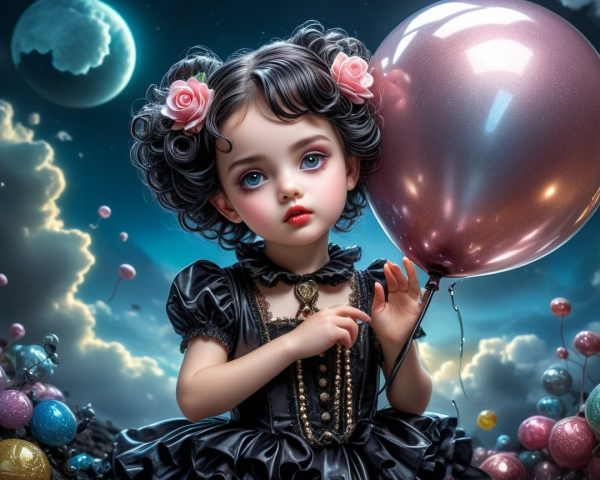 Young girl in vintage dress with balloon in dreamy scene