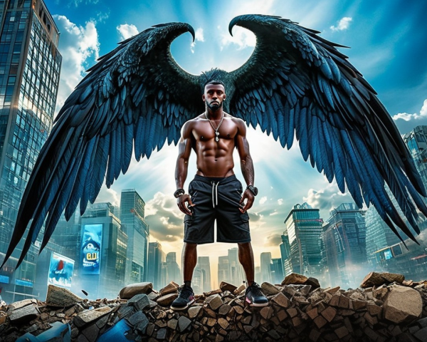 Muscular Man with Wings in Urban Rubble Landscape