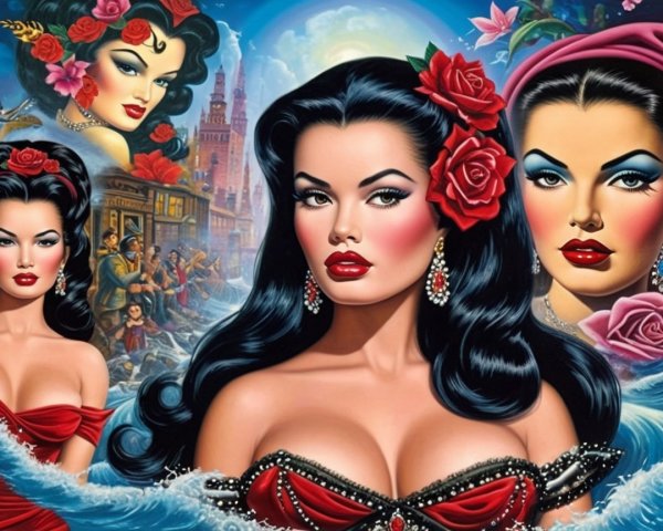 Retro Design with Glamorous Women in Red Dresses