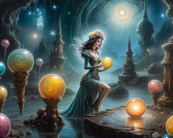 Mystical Landscape with Woman by a Glowing Pool