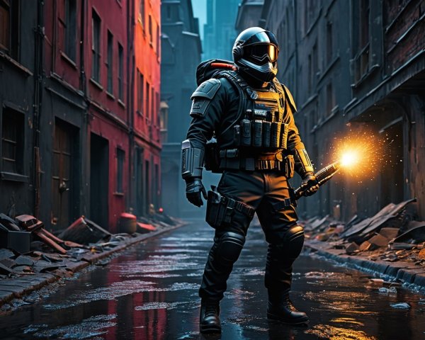 Futuristic figure in tactical suit in debris-filled alleyway