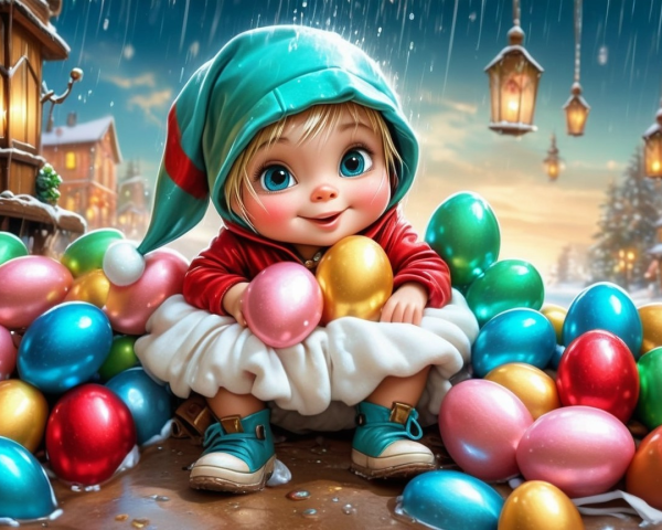 Whimsical Digital Painting of Baby Elf with Easter Eggs