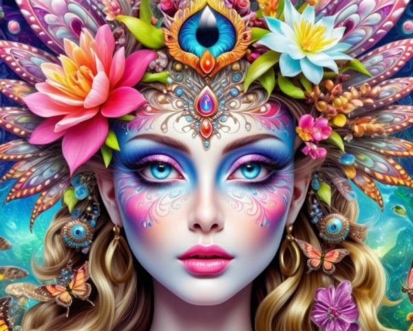 Ethereal Figure with Floral Patterns and Colorful Hair
