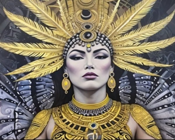 Ornate figure with golden headdress and intricate jewelry