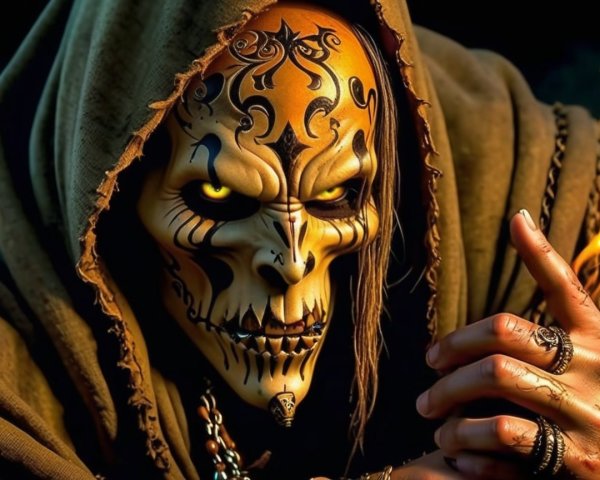 Sinister Cloaked Figure with Skull Face and Tattoos