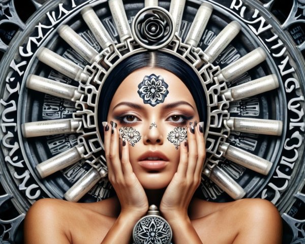 Portrait of a woman with black body art and decor