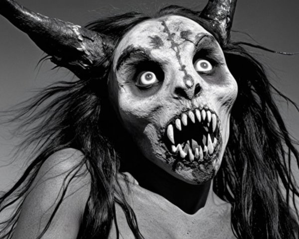 Terrifying Horned Creature with Skeletal Face and Hair