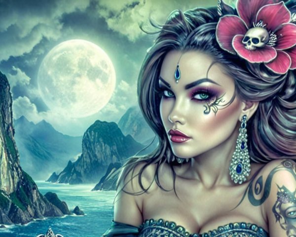 Mythical Woman with Tattoos and Moonlit Mountains