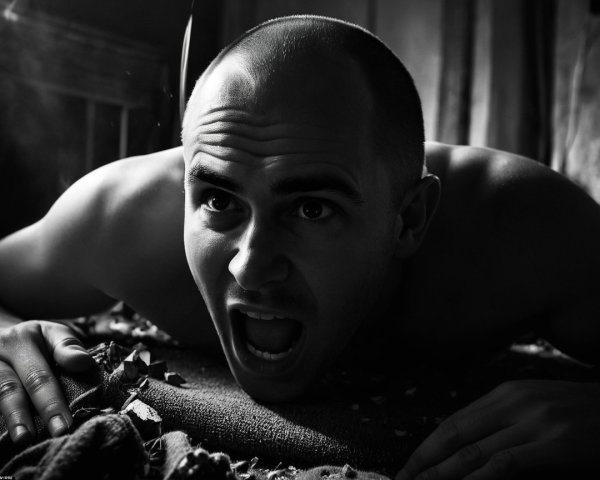 Muscular Man Expresses Anguish in Black-and-White Scene
