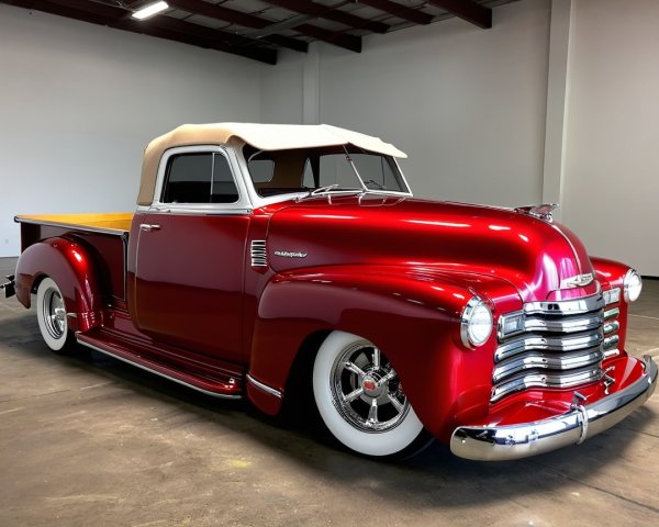 Vintage Red Pickup Truck with Chrome and Wood Accents