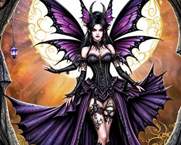 Fantasy figure in black and purple gown with wings