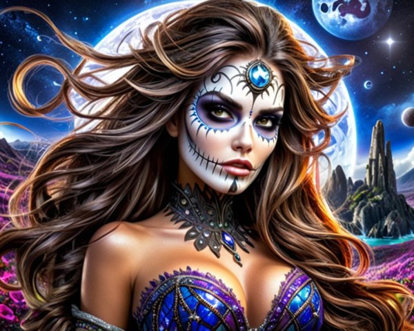 Vibrant Figure in Purple and Blue Attire with Cosmic Backdrop