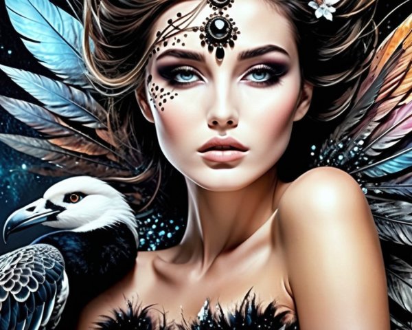 Striking Woman with Intricate Makeup and Cosmic Background