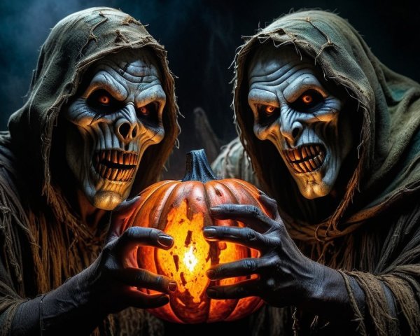 Eerie Hooded Figures with Carved Pumpkin in Foggy Scene