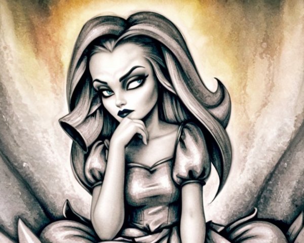 Monochromatic Illustration of a Contemplative Woman