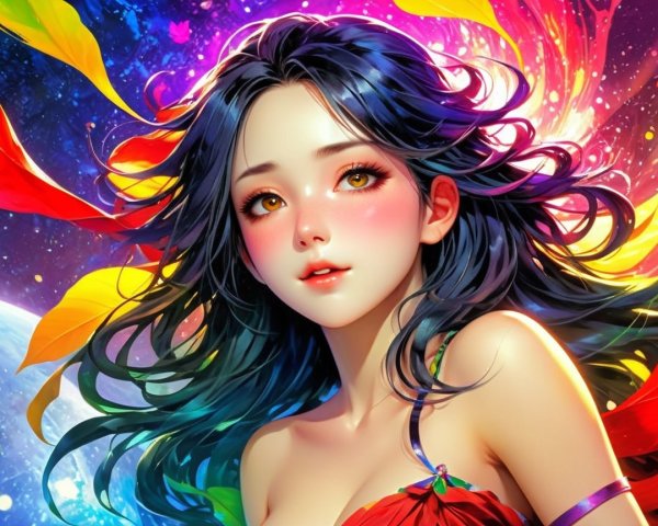 Young woman with flowing hair and cosmic background