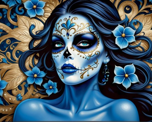 Woman with Blue Skull Face Paint and Floral Patterns