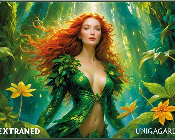 Ethereal figure in green outfit in vibrant forest