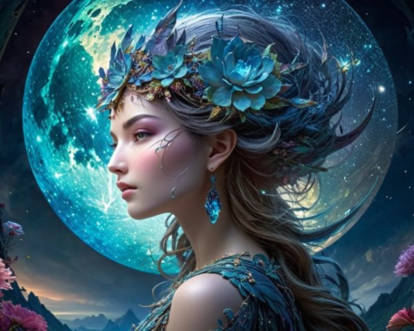 Mystical Woman in Ethereal Gown Under Full Moon