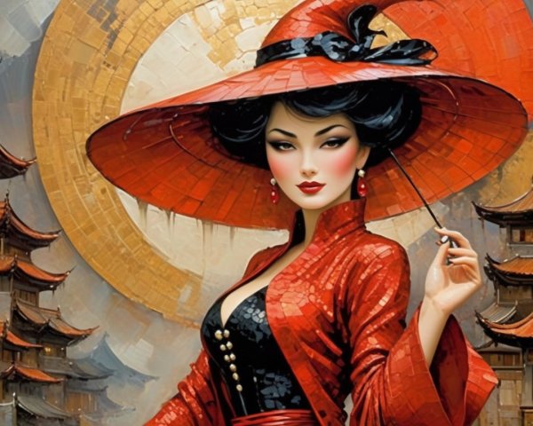 Elegant Woman in Red Outfit with Oversized Hat