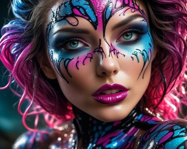 Portrait of a Woman with Colorful Hair and Face Paint