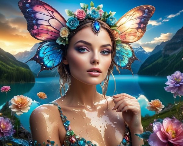 Young woman with butterfly wings by tranquil lake