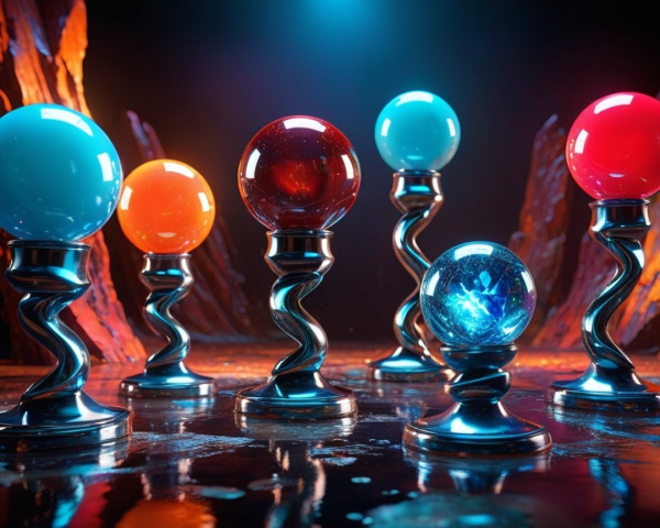 Colorful Glowing Spheres on Iridescent Silver Pedestals