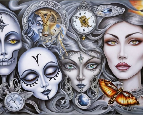 Surreal Artwork with Human Faces and Mystical Elements