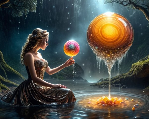 Enchanted Woman with Lollipop in Mystical Forest
