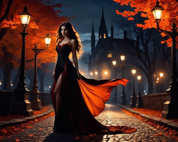 Mysterious Woman in Red Gown Amid Autumn Leaves