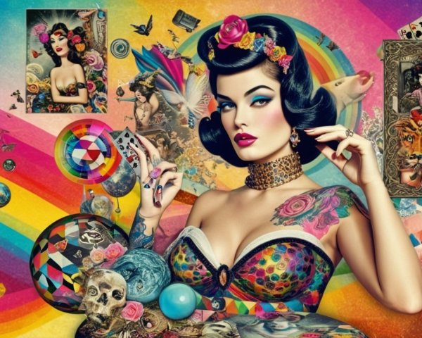 Glamorous Woman with Vintage Waves and Psychedelic Art