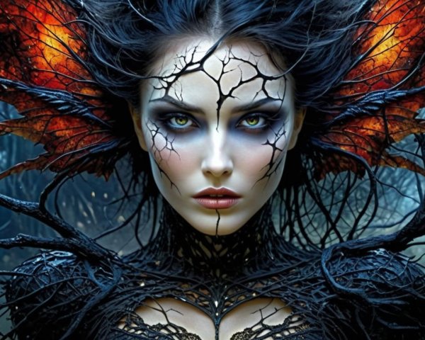Mystical Figure in Enchanted Forest with Dark Beauty