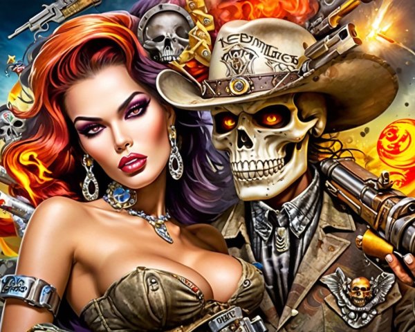 Glamorous Woman and Skeleton Cowboy in Fiery Scene