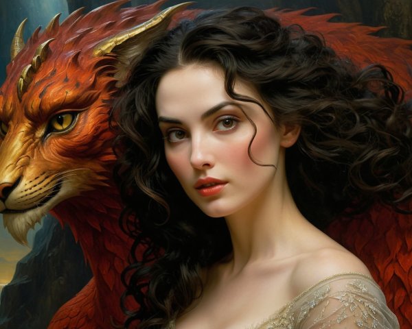 Woman with Dark Curly Hair and Mythical Lion Creature