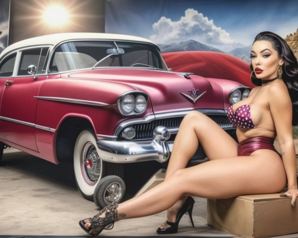 Glamorous Model with Vintage Car and Retro Outfit