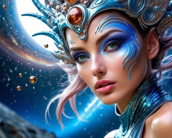 Intricate Metallic Headpiece and Cosmic Backdrop