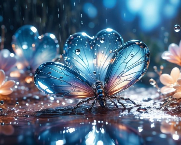 Blue Butterfly on Raindrop-Covered Surface with Flowers