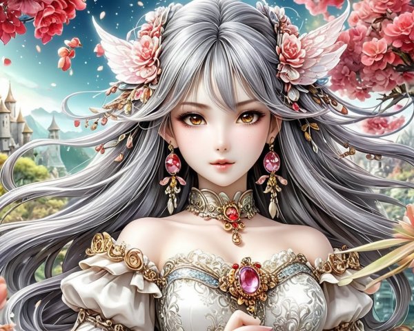 Fantasy Portrait of a Young Woman with Wings and Flowers