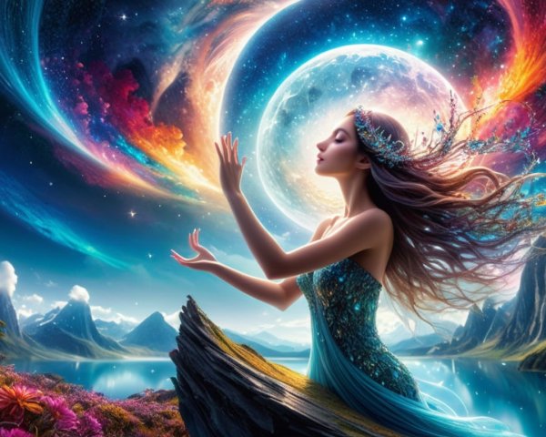 Serene Woman in Cosmic Landscape with Full Moon
