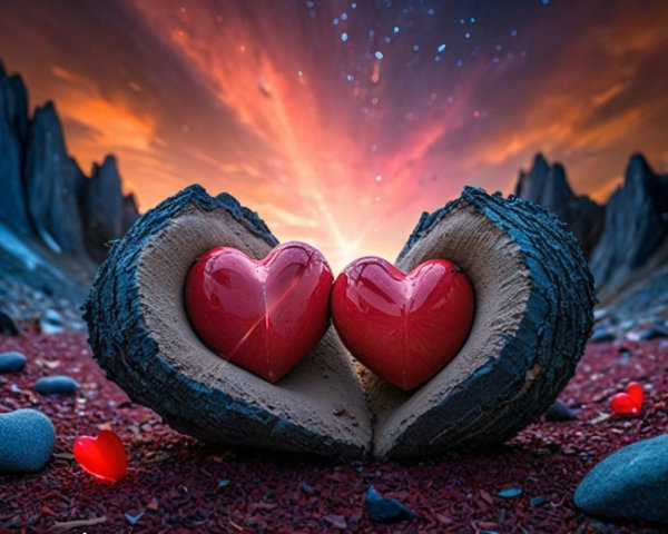 Scenic Landscape with Red Hearts and Sunset Sky