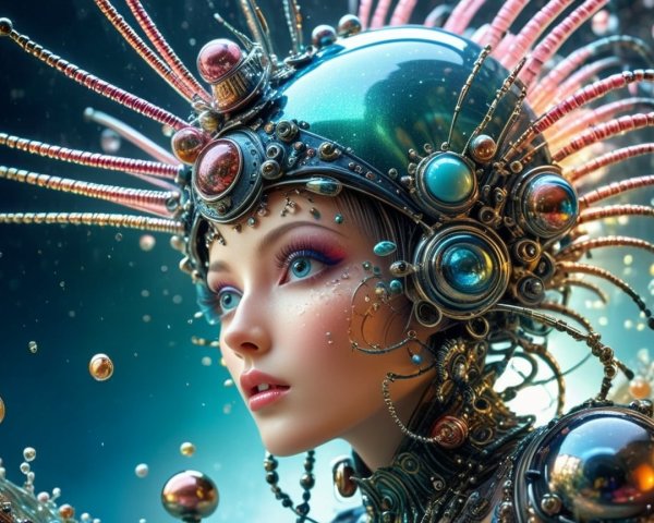 Futuristic Figure with Metallic Headdress and Gems