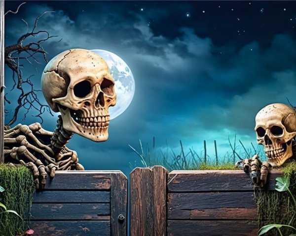 Skeletons at a Wooden Gate Under a Bright Moon