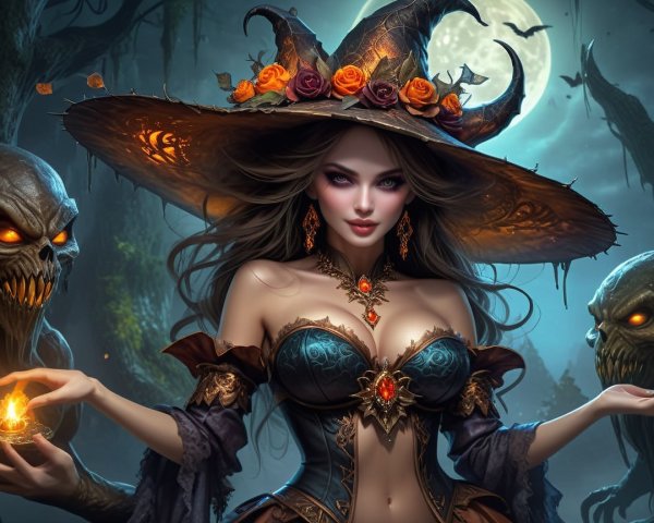 Enchanting Witch in Mystical Moonlit Scene