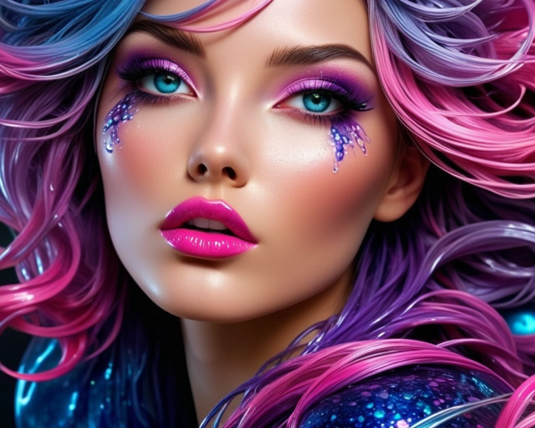 Model with Vibrant Pink and Purple Curled Hair
