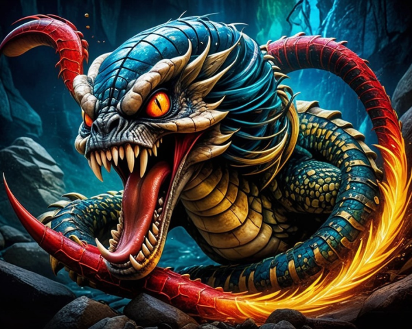 Mythical serpent with vibrant scales in dark cavern