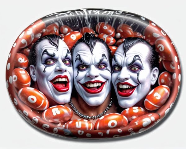 Three Clowns in Colorful Costumes Surrounded by Candy